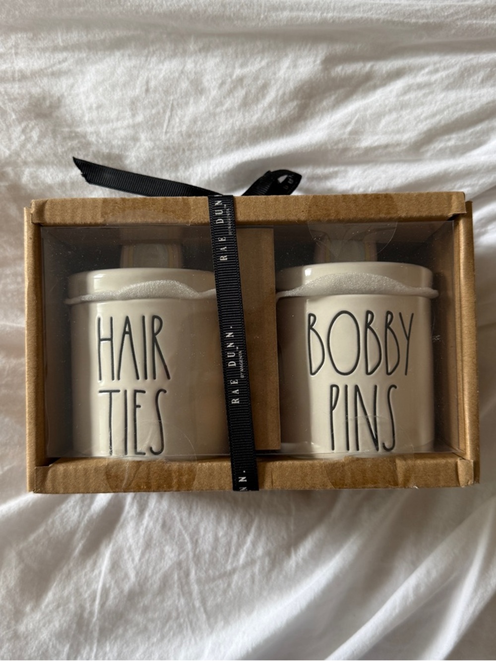 Rae Dunn Cream Ceramic Hair Ties & Bobby Pins Jars Set